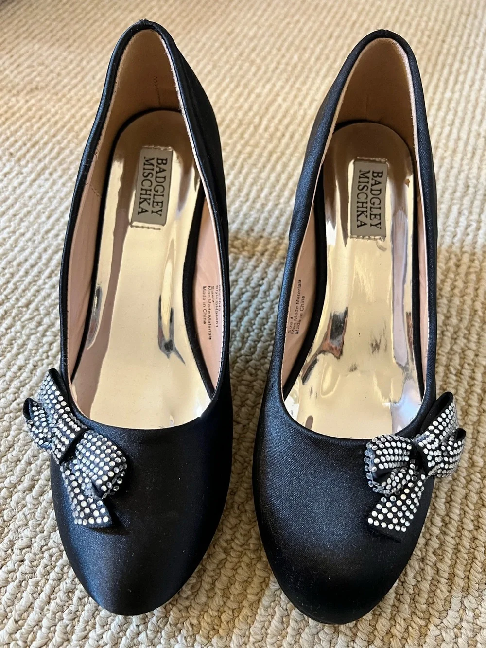 Badgley Mischka Big Girls Black Satin Embellished Bow Dress Heels